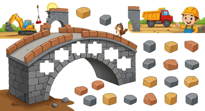 Vibrant cartoon illustration of a bridge repair puzzle for kids, featuring a charming arch bridge under construction, with missing stone pieces scattered around, an excavator, a dump truck, and a