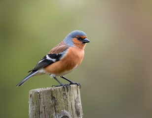 Common chaffinch bird perched on wooden post. Colorful bird sits on wood. Wildlife photo features a wild animal in its natural habitat outdoors.