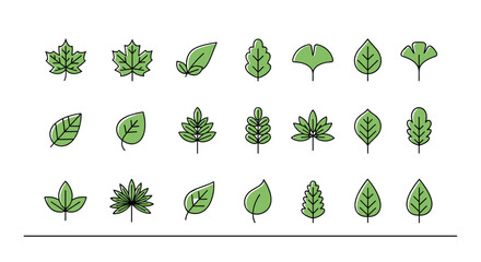 A diverse collection of stylized green leaf icons, showcasing various shapes and vein patterns, presented on a clean black background, perfect for environmental or botanical design projects.