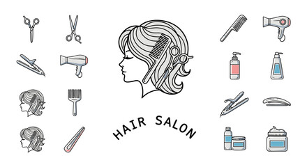 Collection of stylized icons and illustrations related to hair salon services, featuring a silhouette of a woman's head with a comb and scissors, various hairdressing tools like scissors, combs, hair