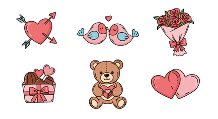Charming Collection of Valentine's Day Icons: A Heart pierced by arrows, two lovebirds, a bouquet of roses, a gift box of chocolates, a teddy bear holding a heart, and two intertwined hearts, perfect