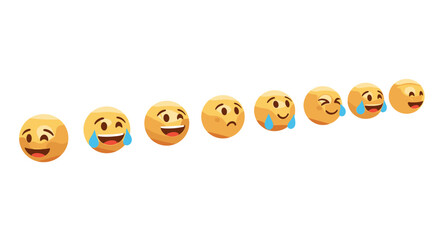 A dynamic line of 3D emojis, captured from various points of view, showcases a spectrum of emotions from joy and laughter to sadness and contemplation, presented against a stark black background for