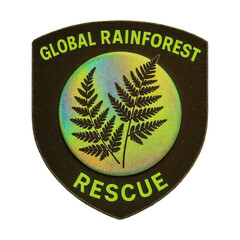 A dark shield patch reads GLOBAL RAINFOREST RESCUE around a holographic circle with two fern fronds. Neon green thread and crisp type create a modern insignia look.
