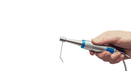 Close-up of a hand holding a modern dental scaler tool with a curved tip, isolated on a black background, symbolizing dental hygiene, oral care, and professional dentistry procedures for medical and