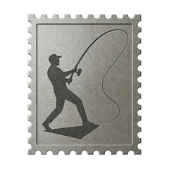 A brushed steel stamp emblem shows an angler in a cap casting, line arcing in relief. Perforated edges suggest a commemorative badge with minimalist metalwork style.