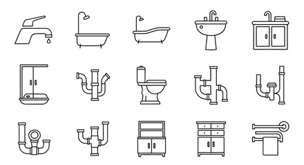 Collection of minimalist line art icons representing bathroom and sanitary ware, including a modern faucet, a classic bathtub, a sleek washbasin, a compact shower cabin with tray, a toilet, various