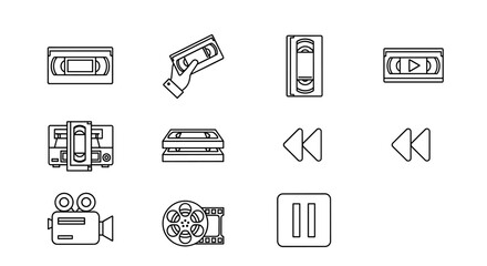 Retro video tape icons, including a VHS cassette held in hand, a stack of VHS tapes, a vintage video camera, a film reel, a VCR player, and playback controls like rewind and pause, presented as thin