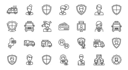 Modern outline style icon set featuring vans, shields, and people, perfect for design projects, apps, and social networks. This collection offers a clean, vector cartoon illustration style with a
