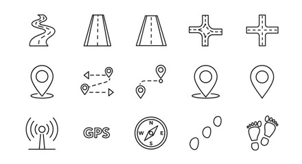 Collection of minimalist line icons representing navigation and travel elements, including winding roads, straight highways, intersections, map pins, GPS signals, compasses, footprints, and route