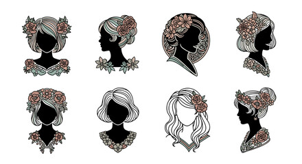 Set of eight vintage floral women's silhouettes, elegantly adorned with roses and leaves, presented in a soft pastel color palette, perfect for branding, logos, and decorative design elements