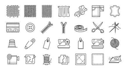 Thin line icon set of fabric features, including woven fabric, knitted fabric, draped fabric, denim, leather, lace, buttons, zippers, scissors, sewing machine, thimble, safety pin, measuring tape