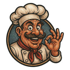 Cartoon chef with curled mustache and wide grin in a circular badge, wearing a white toque and red neckerchief, raising an OK hand. Textured shading and muted earthy tones.