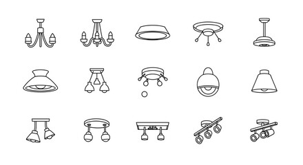 Collection of diverse ceiling light outline icons, perfect for graphic design, web development, app interfaces, advertising materials, and various card designs, presented as a vector cartoon