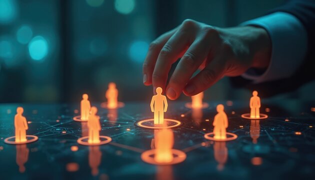 Manager selects person from team with glowing outlines. Digital network connects abstract figures showing structure. Business strategy involves human resources and workforce organization.