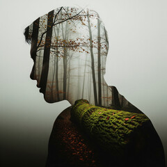 Artistic double exposure of a person's silhouette blended with a misty autumn forest. Conceptual image representing mental health, introspection, mindfulness, and the human connection to nature.