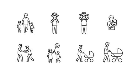 Father and child line icon set, showcasing dad with son, daughter, and baby, representing fatherhood, parenting, and family life with ordered vector outline symbols for diverse paternal relationships