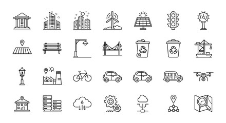 Set of urban planning and smart city infrastructure line icons, including buildings, transportation, renewable energy, and public amenities, presented on a clean white background with editable