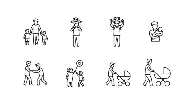 Father and child line icon set, showcasing dad with son, daughter, and baby, representing fatherhood, parenting, and family life with ordered vector outline symbols for diverse paternal relationships
