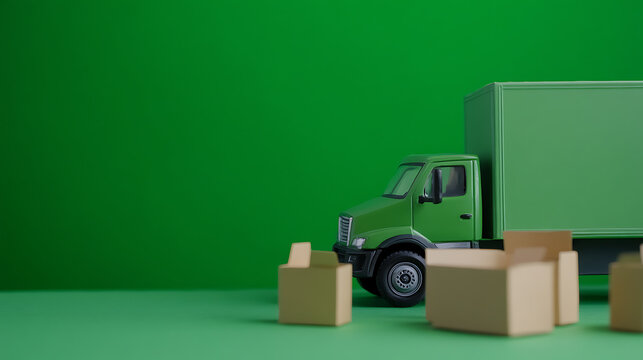 A green delivery truck is surrounded by cardboard boxes, set against a vibrant green backdrop. Ideal for illustrating logistics, shipping, and environmentally conscious transport.