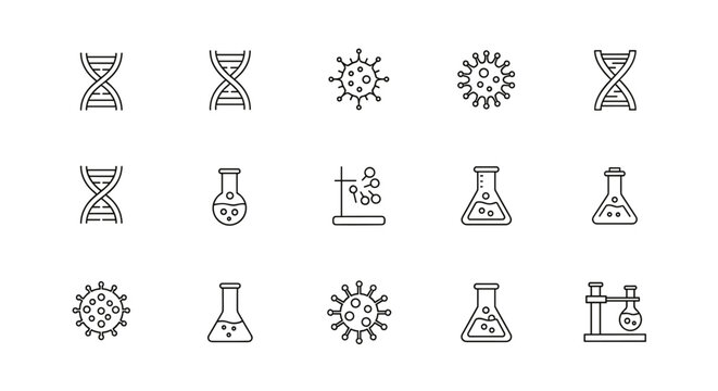 A collection of white line icons representing biology and science, featuring DNA helix structures, virus particles, and laboratory equipment like flasks and test tube stands, presented on a black