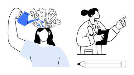 Woman watering flowers on her head, symbolizing mental growth doctor with clipboard pointing in guidance pencil for creativity. Ideal for self-care, education, therapy, mindfulness, creativity © robu_s