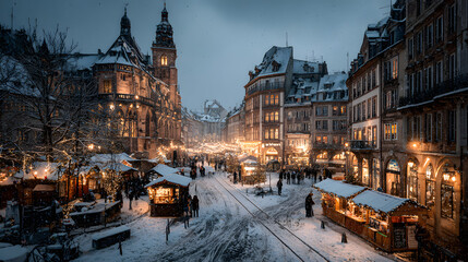 Obraz premium Christmas market under the snow in France, in Strasbourg, Alsace
