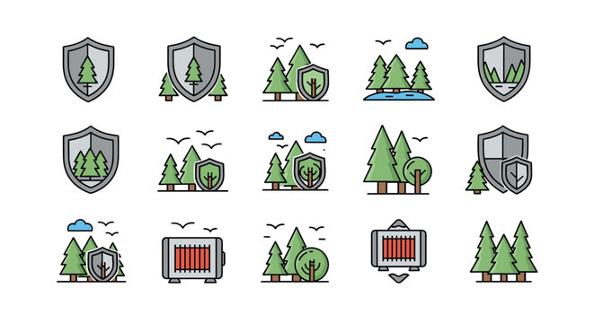 Set of minimalist vector icons and pictograms depicting forests, trees, and shields, symbolizing protection, nature, and environmental conservation, suitable for web design, graphic design, apps