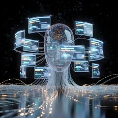 Futuristic digital art of artificial intelligence concept showing a transparent human head made of light and data streams surrounded by floating code screens, symbolizing AI, computing, and big data p