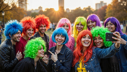 Laughing people in colorful wigs taking a selfie, fun and festive party