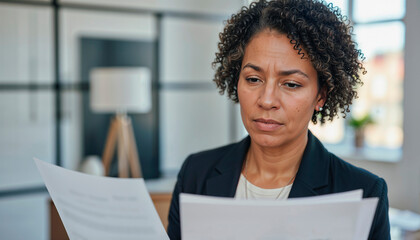 Portrait of tired middle-aged Black businesswoman reviewing documents, office background