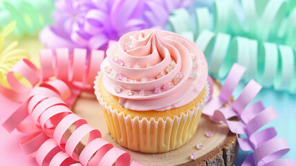 Cupcake with pink cream surrounded by colorful garlands, festive sweet dessert