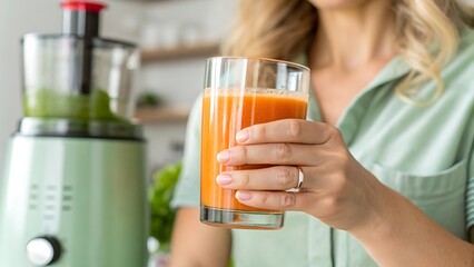 Start your day with a vibrant glass of freshly squeezed juice made with a modern juicer, promoting a healthy lifestyle and radiant wellness for a balanced and energized morning routine