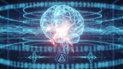 Artificial intelligence brain processing digital information. Neural network activity with data streams and binary code - Powered by Adobe