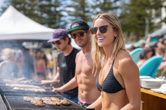 Local surf club fundraiser event featuring diverse individuals grilling food outdoors, enjoying a sunny day, and creating a vibrant community atmosphere with laughter and camaraderie