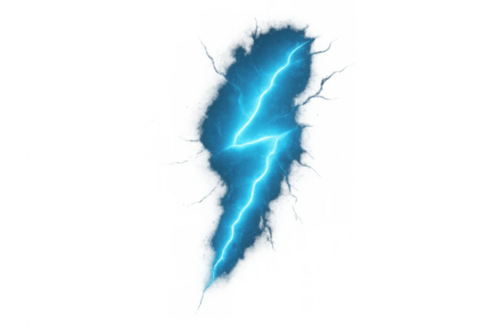 Blue lightning bolt featuring electrical energy and power. Electric discharge creating a shock effect on transparent background