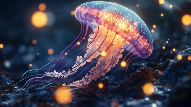 Luminous, translucent jellyfish floats above a textured dark surface