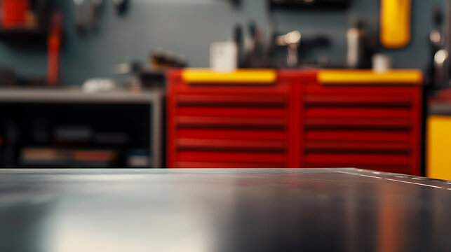 Blurred background of a workshop area with tool storage. Workbench surface in focus, tools and cabinets faded in the backdrop, adding a sense of depth. #workshop #tools