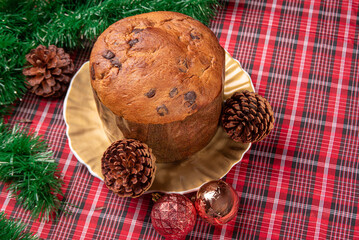 Christmas table, a beautiful Christmas table with chocolate cake and Christmas decorations, selective focus.