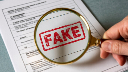 Magnifying glass examining document marked with red fake stamp for fraud verification concept