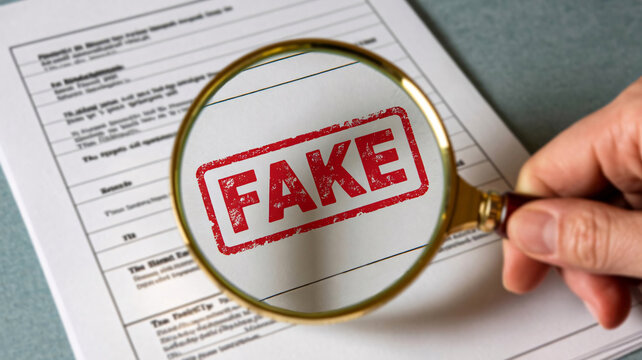 Magnifying glass examining document marked with red fake stamp for fraud verification concept