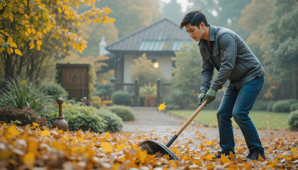 Man raking fallen leaves in the garden during autumn season