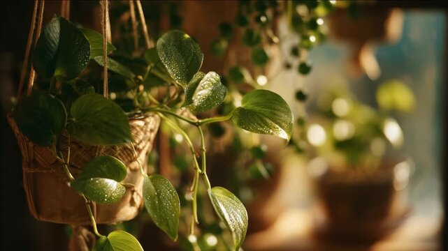 A close-up captures the beauty of a vibrant pothos plant in its indoor setting.