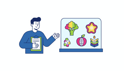 Man standing with a clipboard, pointing to a screen displaying icons representing healthy food choices, learning, and achievement concepts, on a transparent background