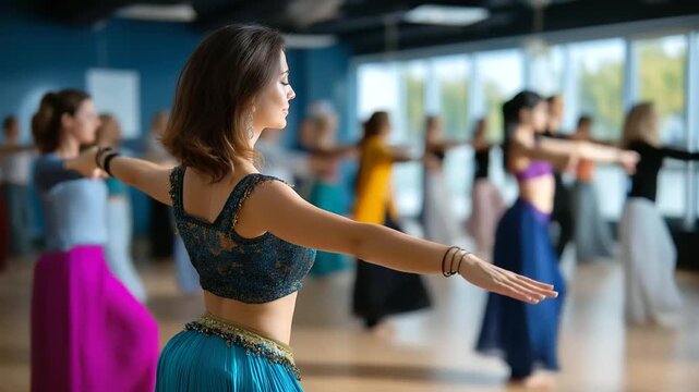 Faceless instructor demonstrating fluid hip movement in oriental dance class, blurred background students following the rhythm, with copy space.