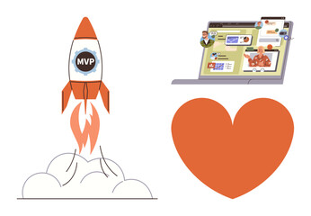 Rocket labeled MVP taking off, online collaboration on screen, and heart symbolizing passion. Ideal for teamwork, entrepreneurship, innovation, collaboration, creativity goals aspirations. Simple