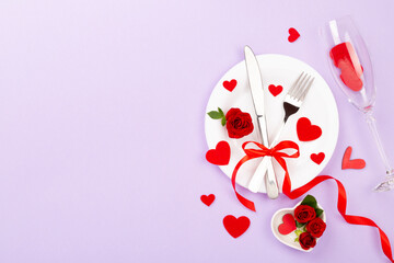 Festive table setting for Valentine's Day on color background, top view