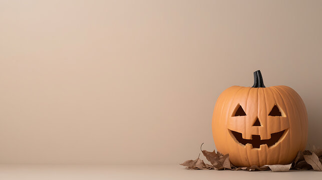 A charming jack-o'-lantern with a friendly carved face, sits among fallen leaves against a neutral backdrop, embodying the spirit of autumn and Halloween traditions.