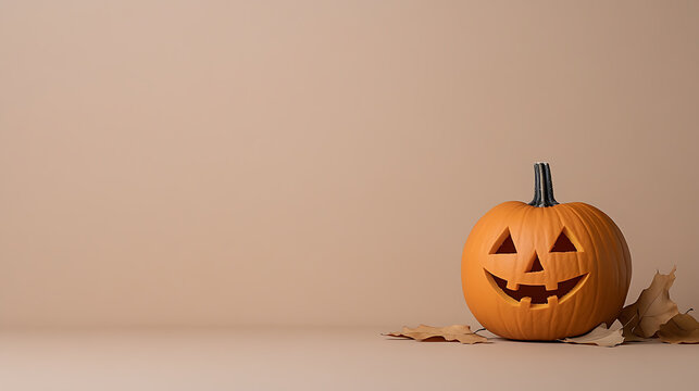 A simple Jack O' Lantern sits against a plain backdrop with dried autumn leaves.  The image evokes the classic and comforting feelings associated with fall and Halloween fun.