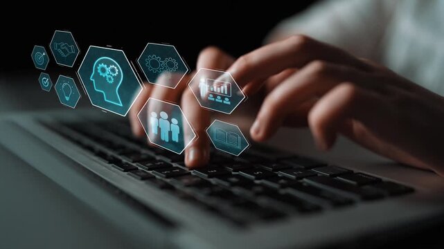 Head with gear and icons representing learning, digital training, and development process, showing skill growth for human or AI systems through knowledge or task optimization Marrow