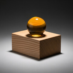 Luminous amber glass sphere resting on a natural wood block. A modern, minimalist concept for luxury, clarity, or an award. Elegant studio shot with dramatic lighting on a grey background.
